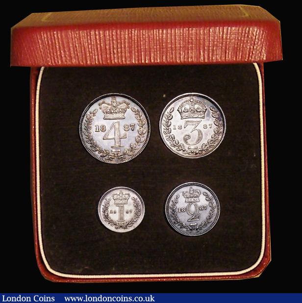 London Coins : A180 : Lot 1591 : Maundy a part Set 1887 comprising Fourpence, Twopence and Penny, NEF to EF the Fourpence and Twopenc...