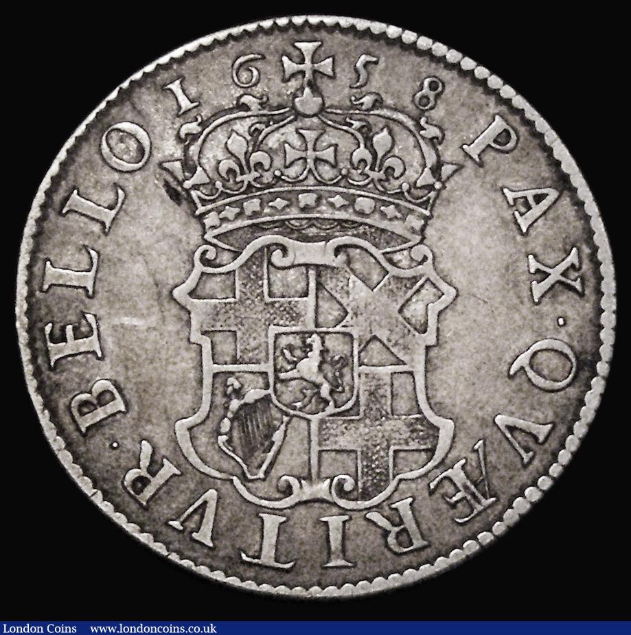 London Coins : A180 : Lot 1686 : Shilling 1658 Cromwell ESC 1005, Bull 255, S.3228, Fine/Good Fine and bold with some thin scratches ...
