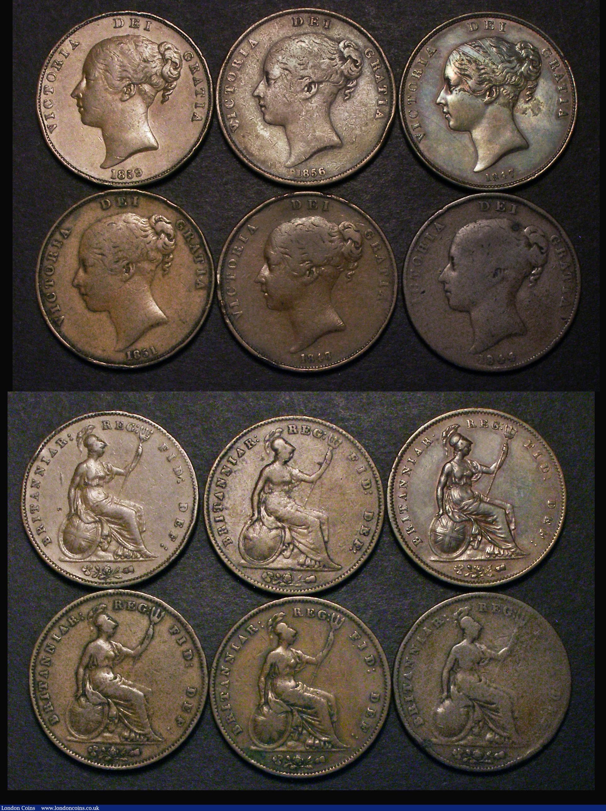 London Coins : A180 : Lot 2152 : Pennies and Halfpennies (13) comprising Pennies (11) 1844 DFF for DEF VG, 1847 DEF Far Colon (2) NVF...