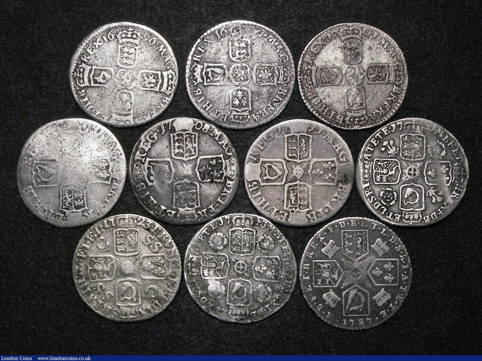 London Coins : A180 : Lot 2192 : Sixpences (10) 1696 First Bust, Early Harp, Large Crowns, Fair, 1697 First Bust, Later Harp, Large C...