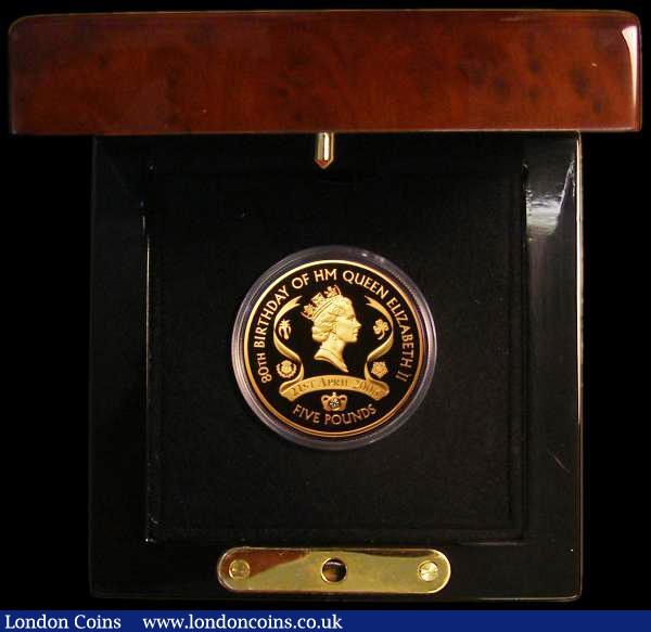 London Coins : A180 : Lot 601 : Alderney Five Pounds 2006 Queen Elizabeth II 80th Birthday Gold Proof KM#133b with a diamond embedde...