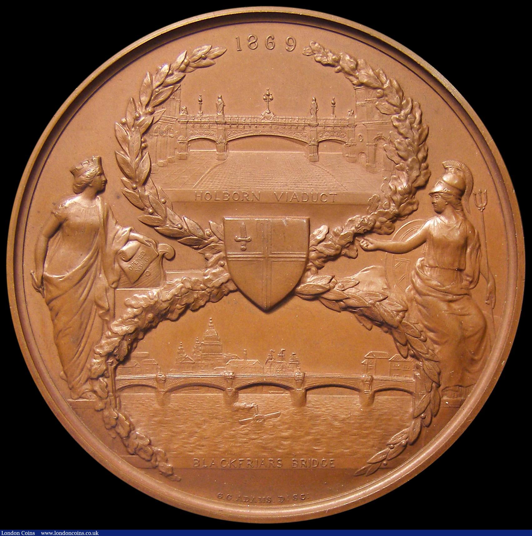 London Coins : A180 : Lot 775 : Blackfriars Bridge and Holborn Valley Viaduct Opened 1869 76mm diameter in bronze by G.G.Adams, issu...