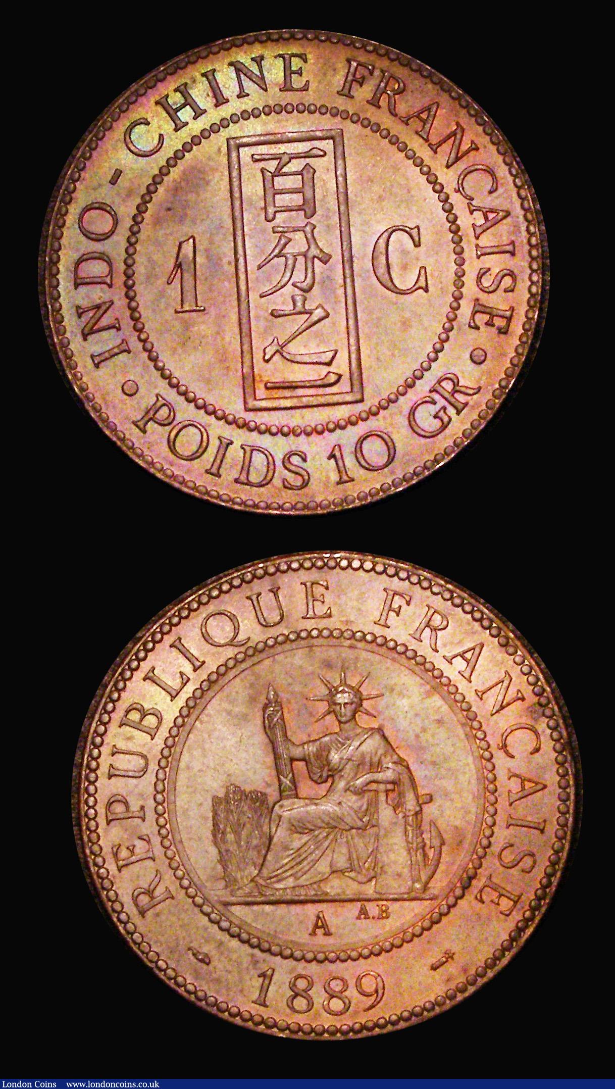 London Coins : A181 : Lot 1003 : French Indo-China (2) Ten Cents 1902A KM#9 GEF and lustrous, One Cent 1889A KM#1 UNC and colourfully...