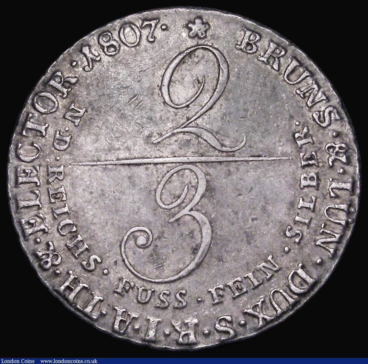 London Coins : A181 : Lot 1009 : German States - Brunswick-Luneburg-Calenberg-Hannover 2/3 Thaler 1807 GM KM#422 GVF and nicely toned
