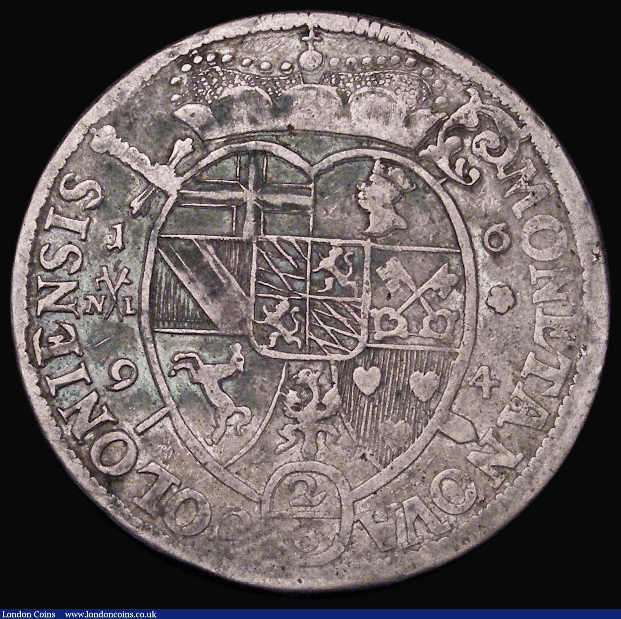London Coins : A181 : Lot 1010 : German States - Cologne 2/3 Thaler 1694NL Josef Clemens, with NL to left of shield, KM#76 Fine with ...