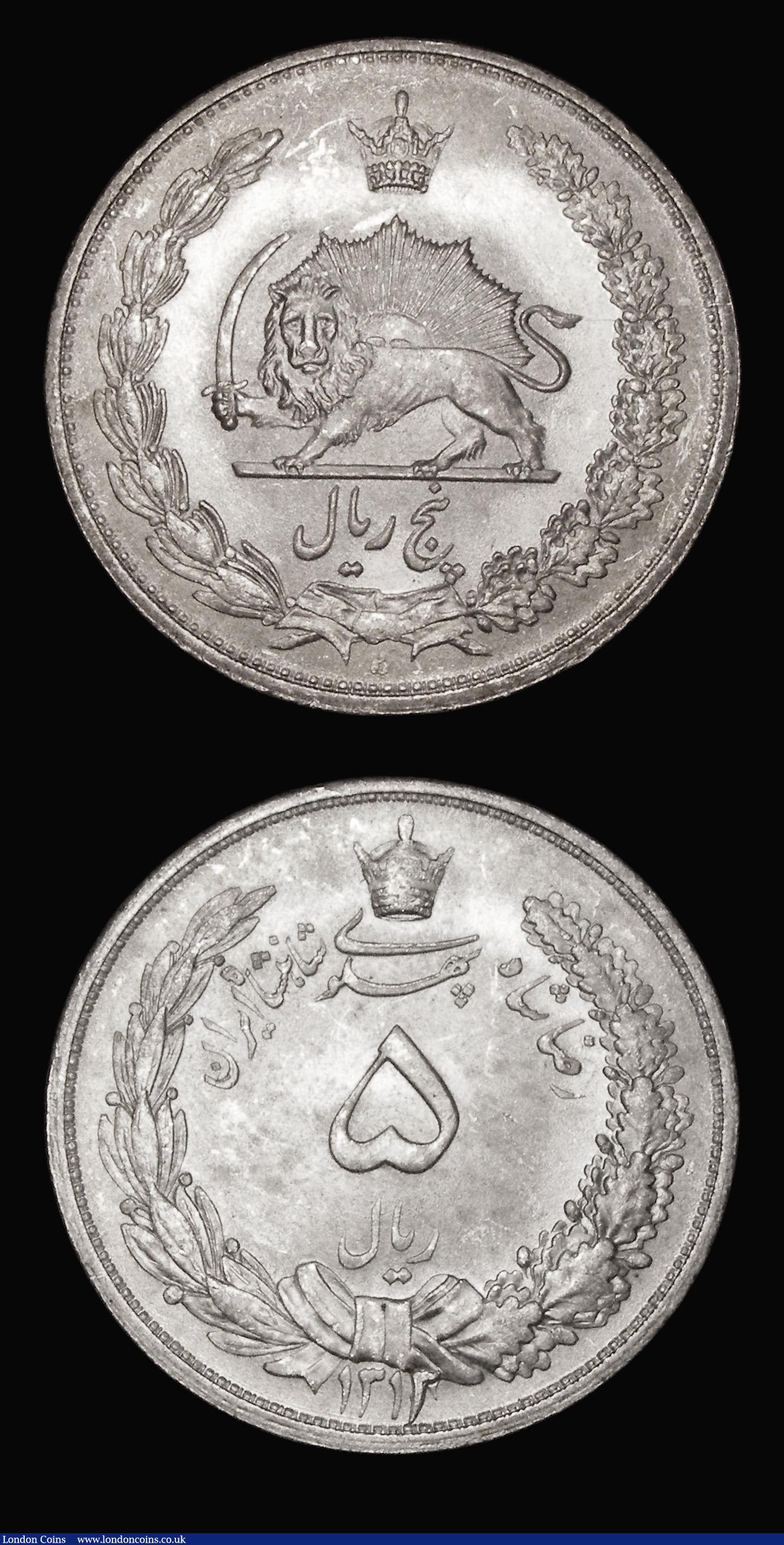 London Coins : A181 : Lot 1047 : Iran Five Rials SH1313 (1934) KM#1131 Lustrous UNC, a well struck example, 5000 Dinars (5 Krans) SH1...