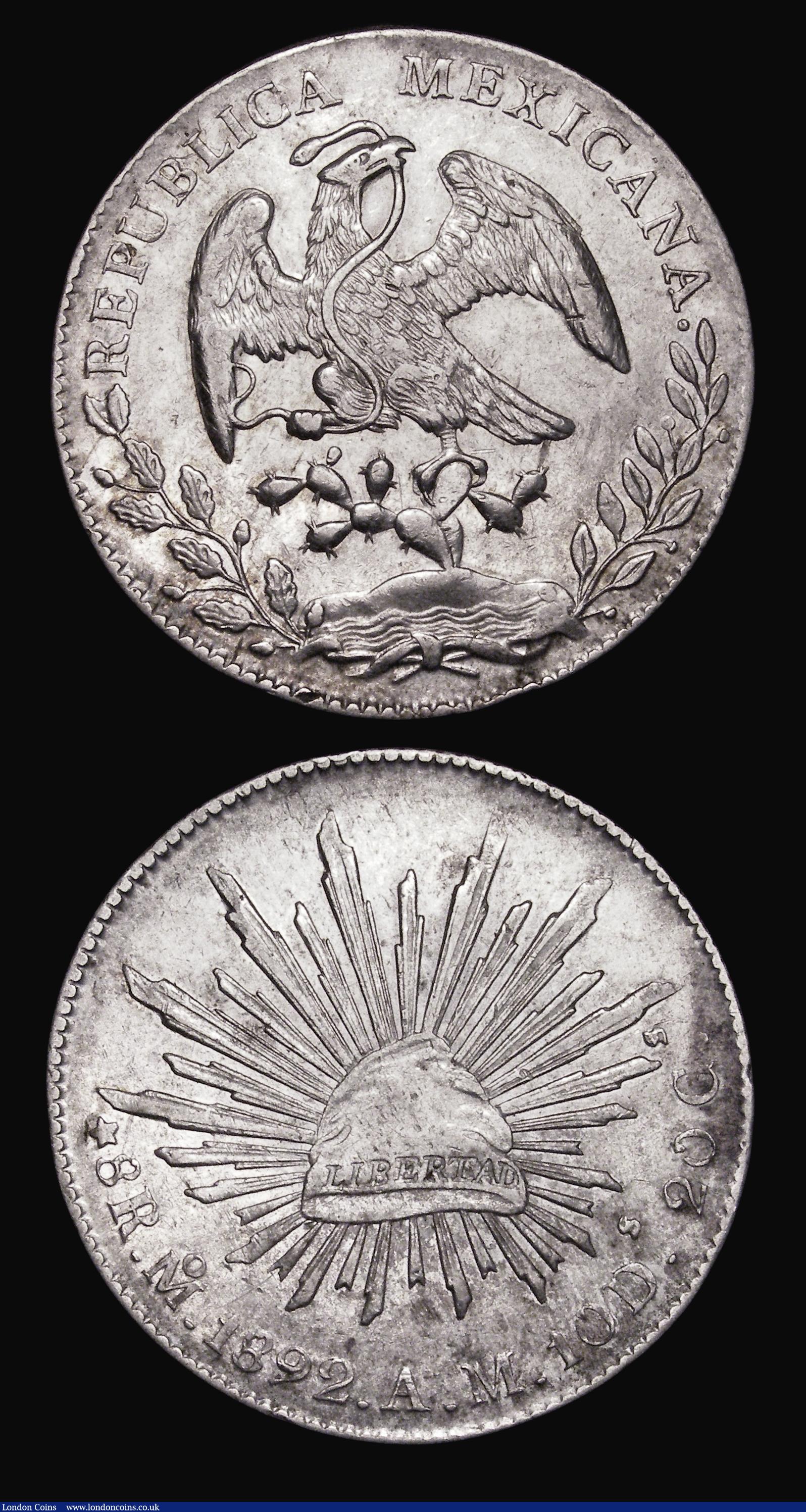 London Coins : A181 : Lot 1100 : Mexico Eight Reales (2) 1892 Mo AM Mexico City KM#377.10 GVF, 1894 Guanajuato Go RS KM#377.8 GVF/VF ...
