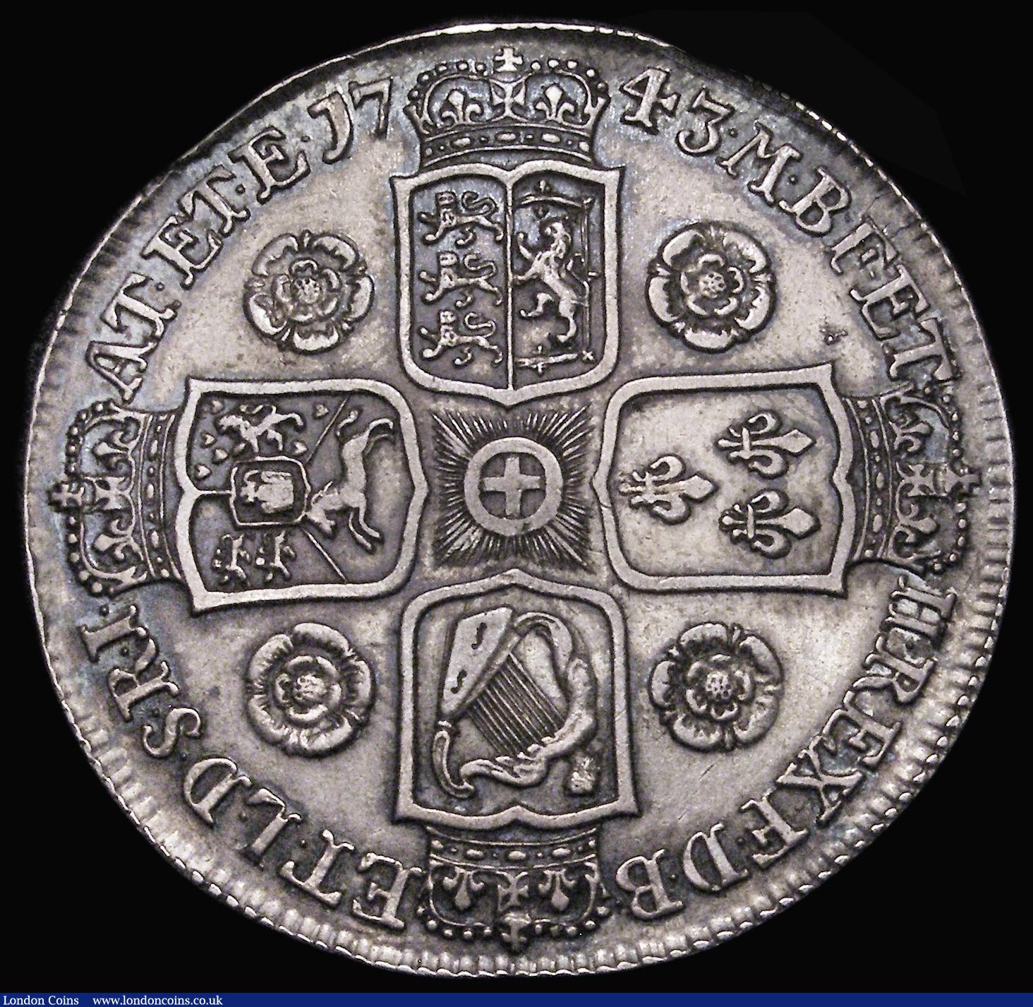 London Coins : A181 : Lot 1543 : Crown 1743 Roses, DECIMO SEPTIMO edge, ESC 124, Bull 1667  VF or better with touches of blue toning ...