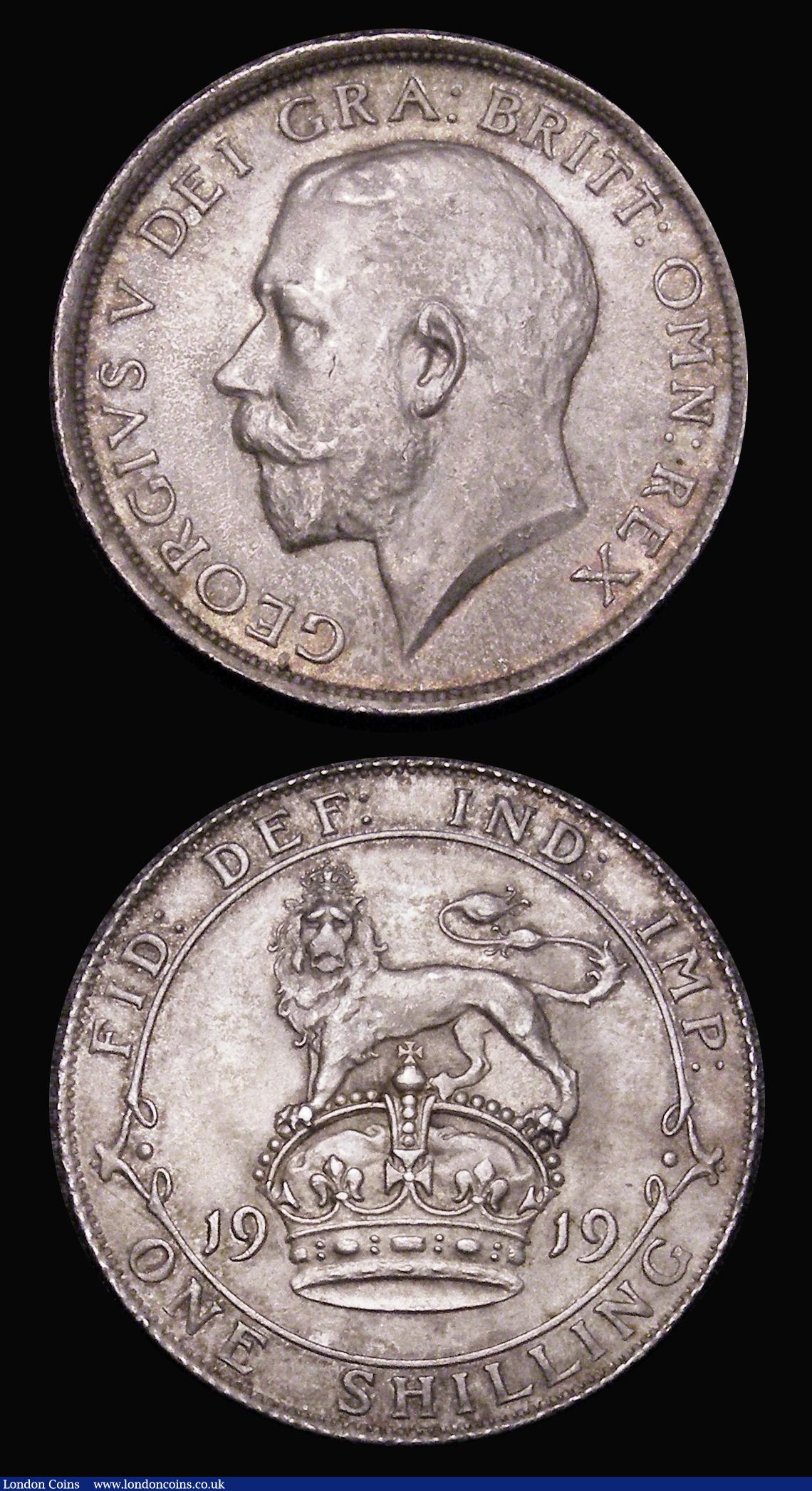 London Coins : A181 : Lot 1699 : Florin 1919 ESC 938, Bull 3764 A/UNC and lustrous, Shilling 1919 ESC 1429, Bull 3808 UNC with an att...