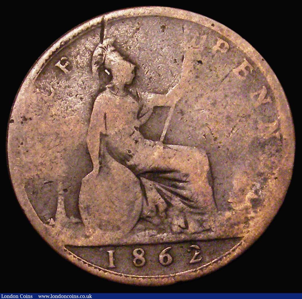London Coins : A181 : Lot 1874 : Halfpenny 1862 Die Letter A to left of lighthouse, Freeman 290A, dies 7+G NVG/Fair, the A very clear...