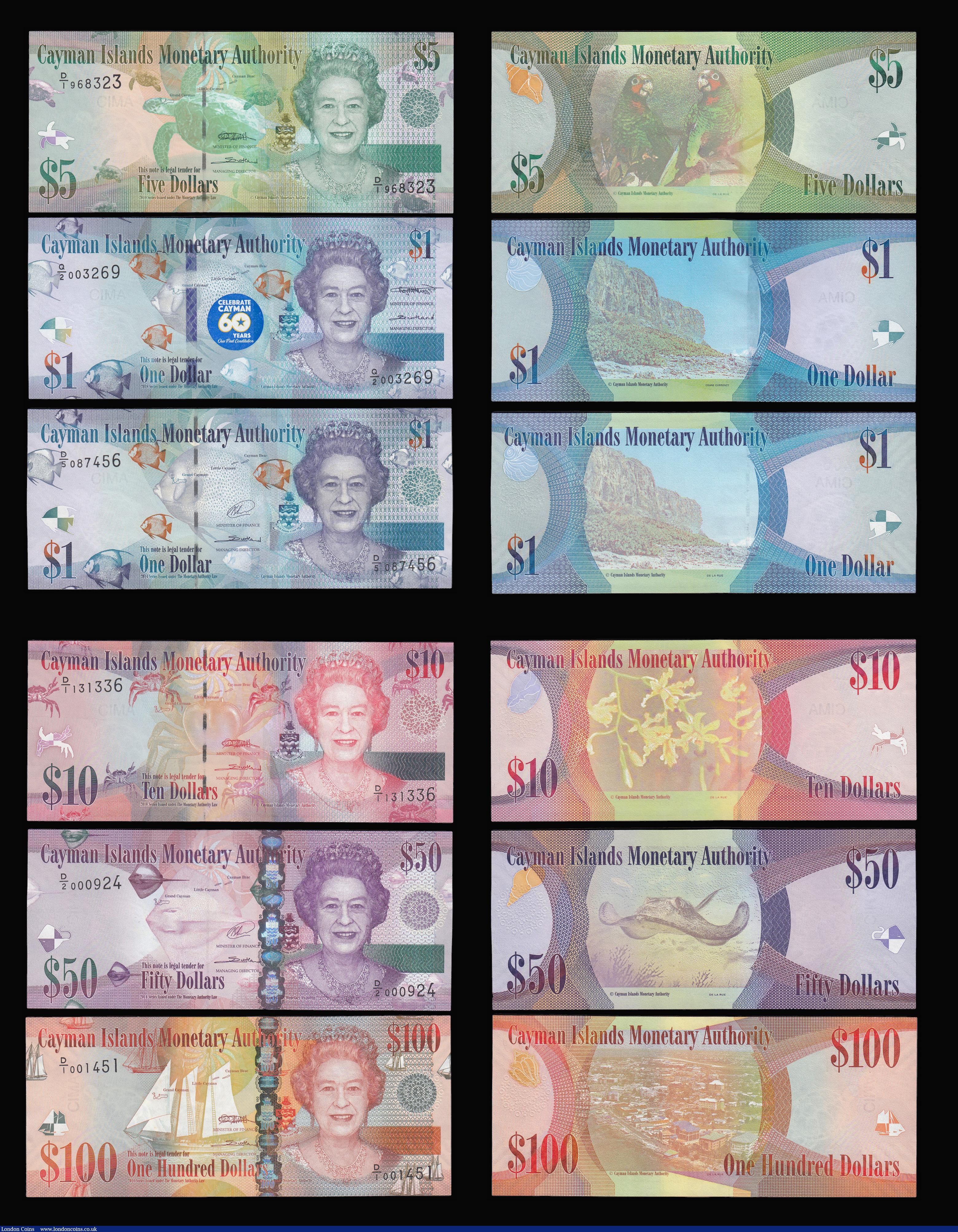 London Coins : A181 : Lot 233 : Cayman Islands $1 1974 Pick 5b A/3 prefix Fine and 1975 Pick 5c A/4 prefix Unc, $5 1971 Pick 2a Fine...