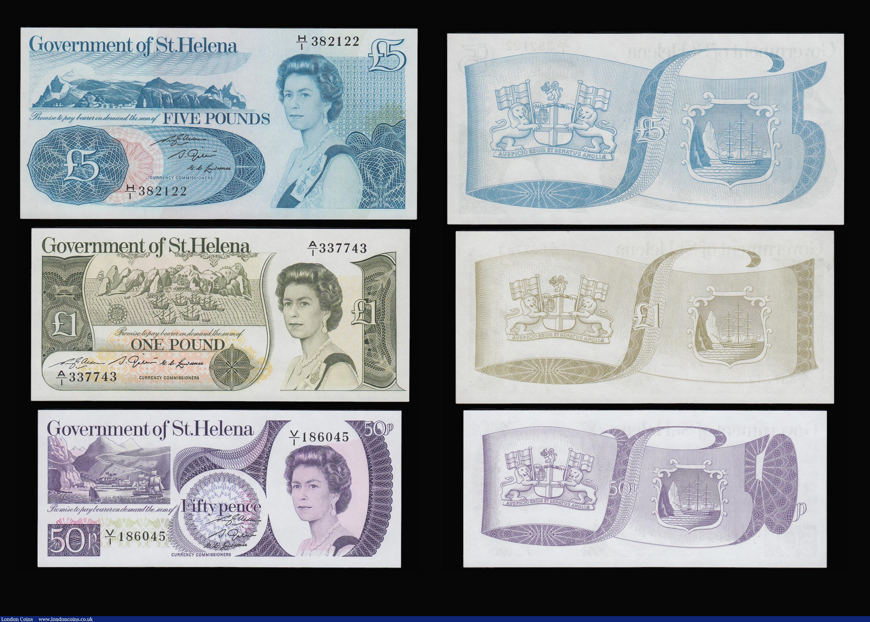 London Coins : A181 : Lot 373 : Saint Helena (5) 50p V/1 186045 Pick 5, &pound;1 A/1 337743 signature 2 (1981) Pick 9, &pound;5 (197...