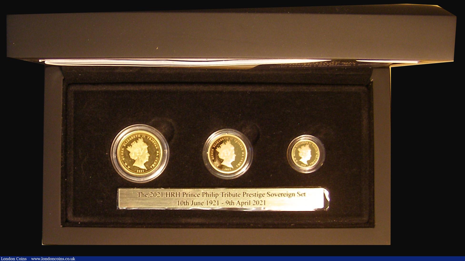 London Coins : A181 : Lot 676 : Tristan da Cunha a 3-coin set in gold 2021 HRH Prince Philip Tribute Gold Sovereign Prestige Set com...