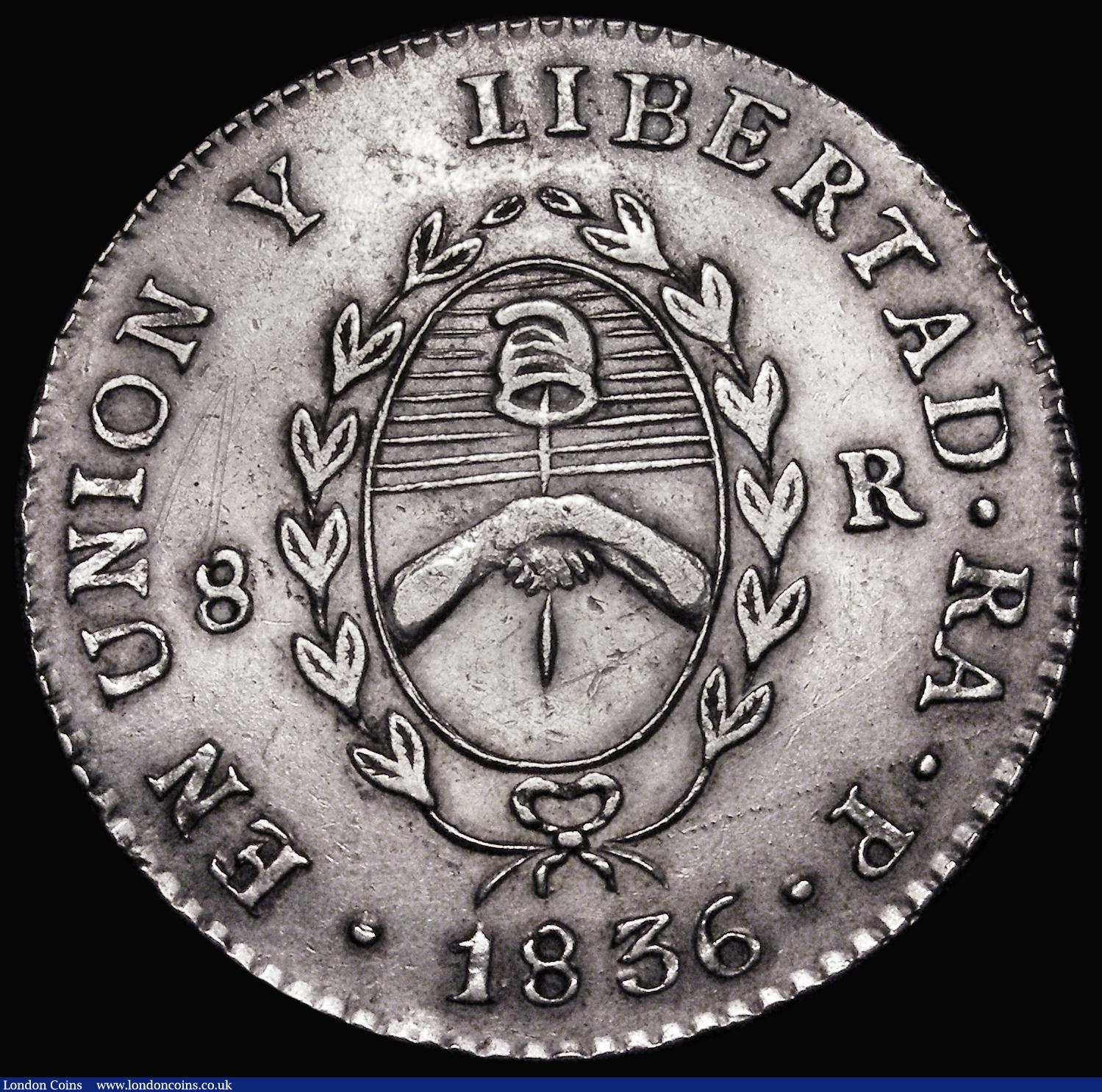 London Coins : A181 : Lot 914 : Argentina Eight Reales 1836 Provincial - Rio de la Plata RA-P Rioja Mint, Obverse: Radiant sun with ...