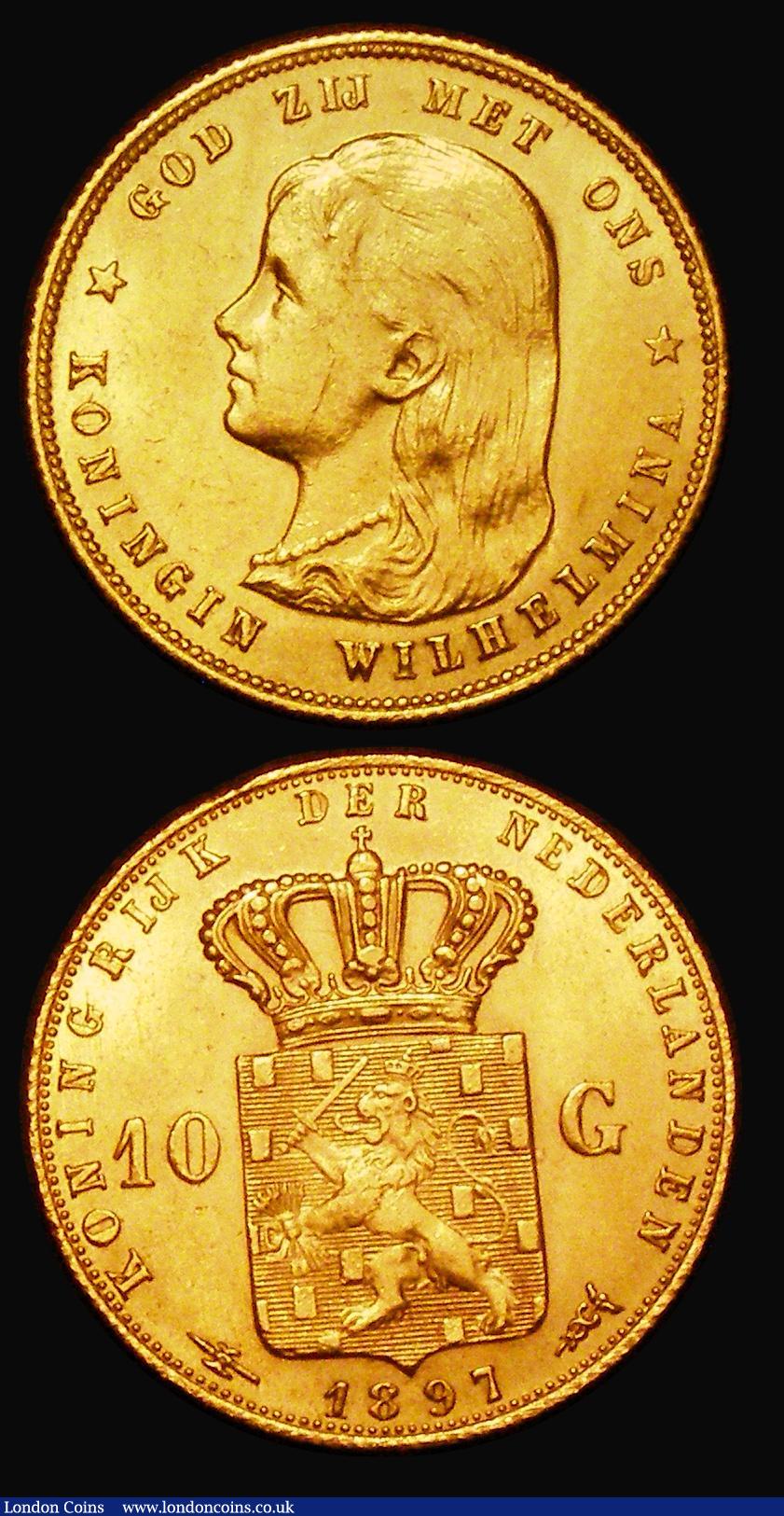 London Coins : A182 : Lot 1275 : Netherlands Ten Gulden Gold 1897 KM#118 (2) both UNC or very near so and lustrous