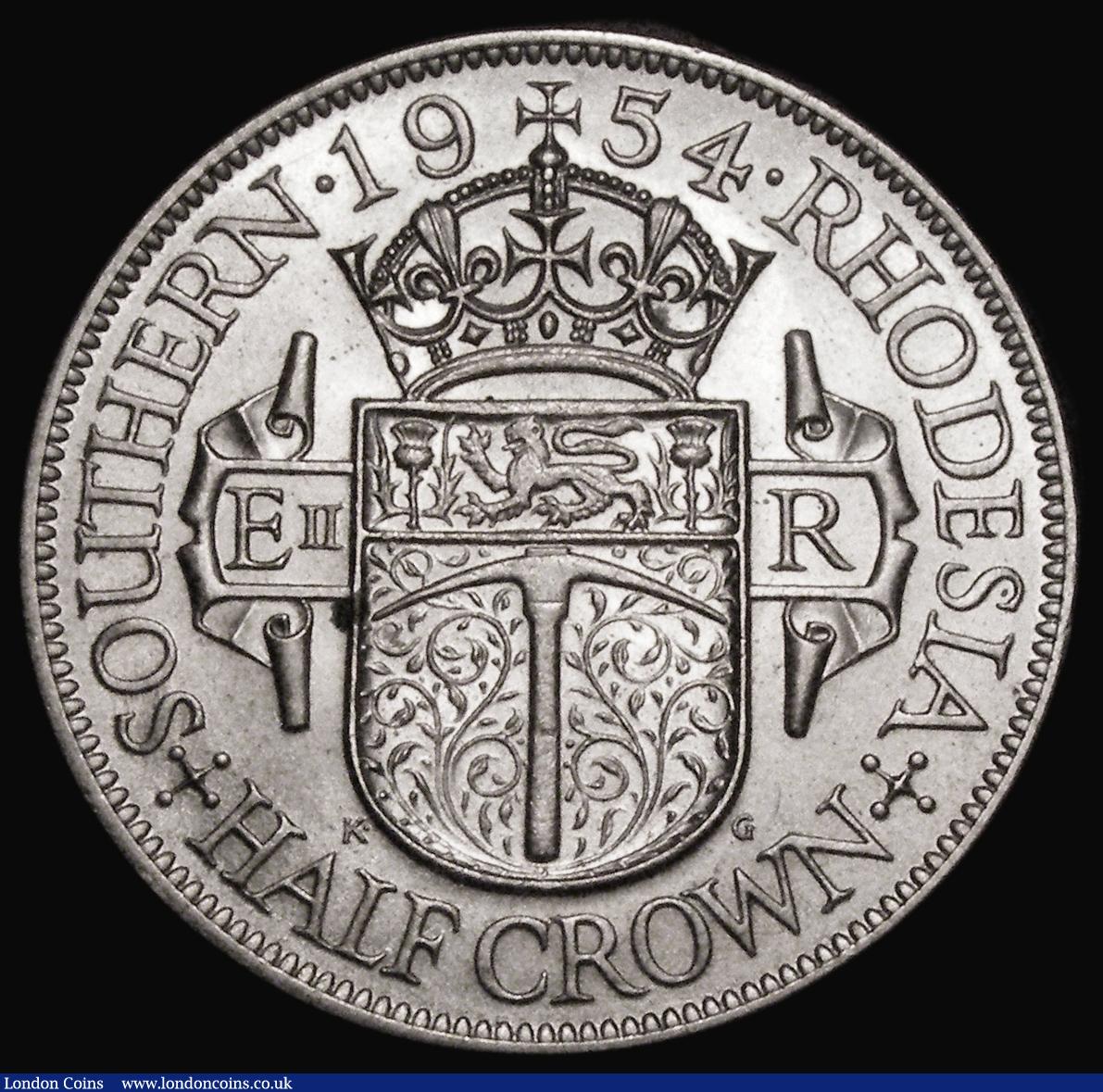 London Coins : A182 : Lot 1344 : Southern Rhodesia Halfcrown 1954 KM#31 UNC and lustrous with light contact marks, the reverse with a...