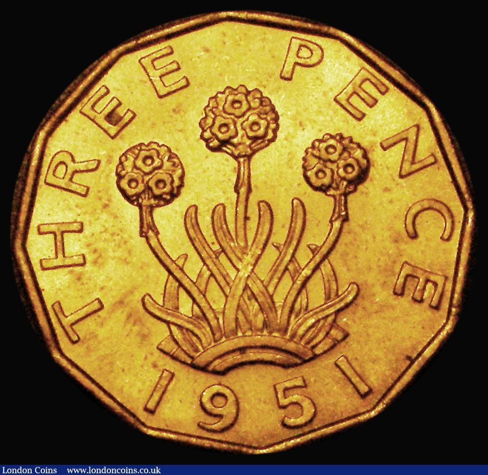 London Coins : A182 : Lot 2188 : Brass Threepence 1951 Peck 2396 UNC with practically full lustre, minor contact marks and the odd sm...