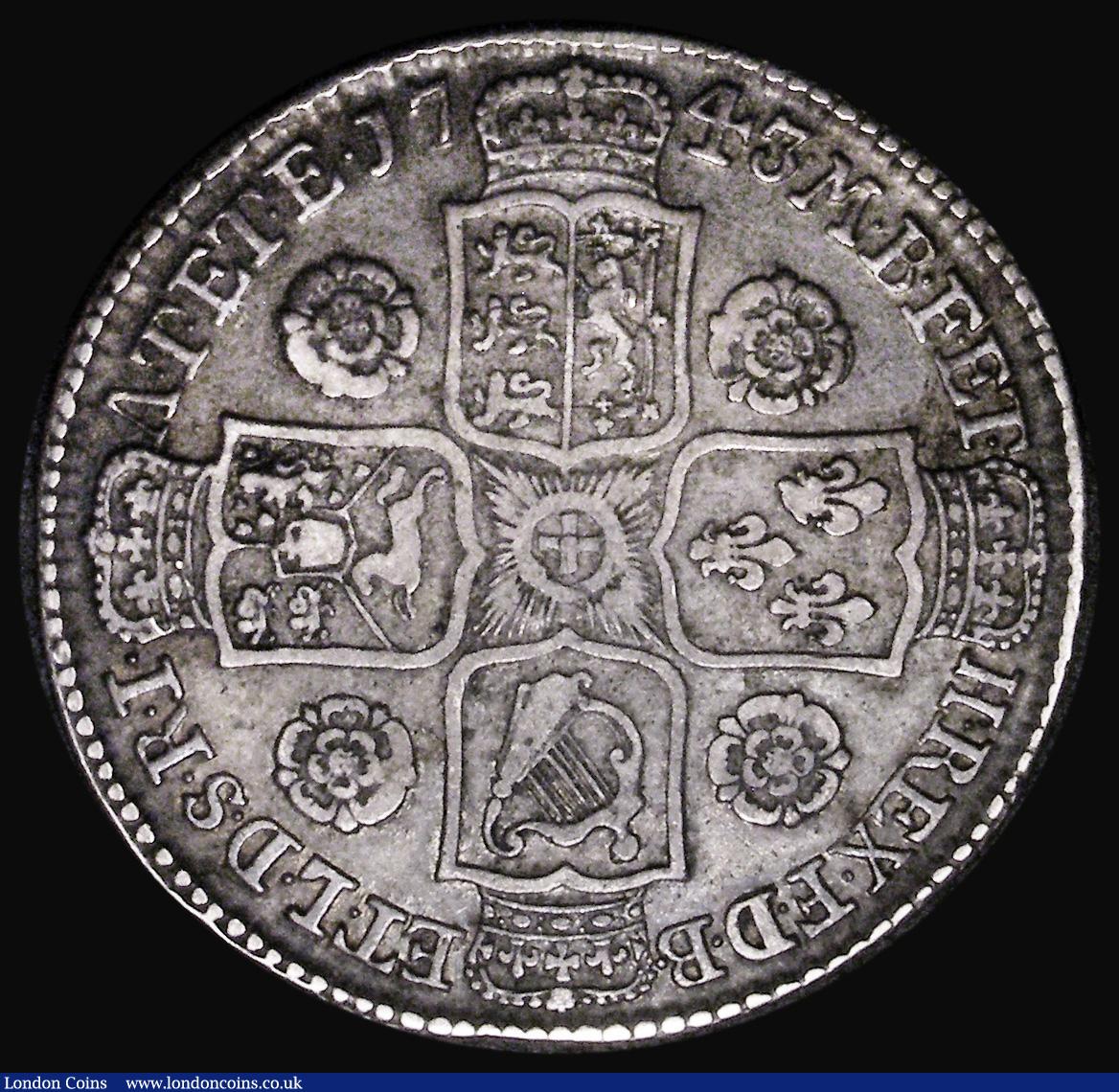 London Coins : A182 : Lot 2546 : Halfcrown 1743 Roses DECIMO SEPTIMO edge, ESC 603A, Bull 1684, Near Fine/Fine
