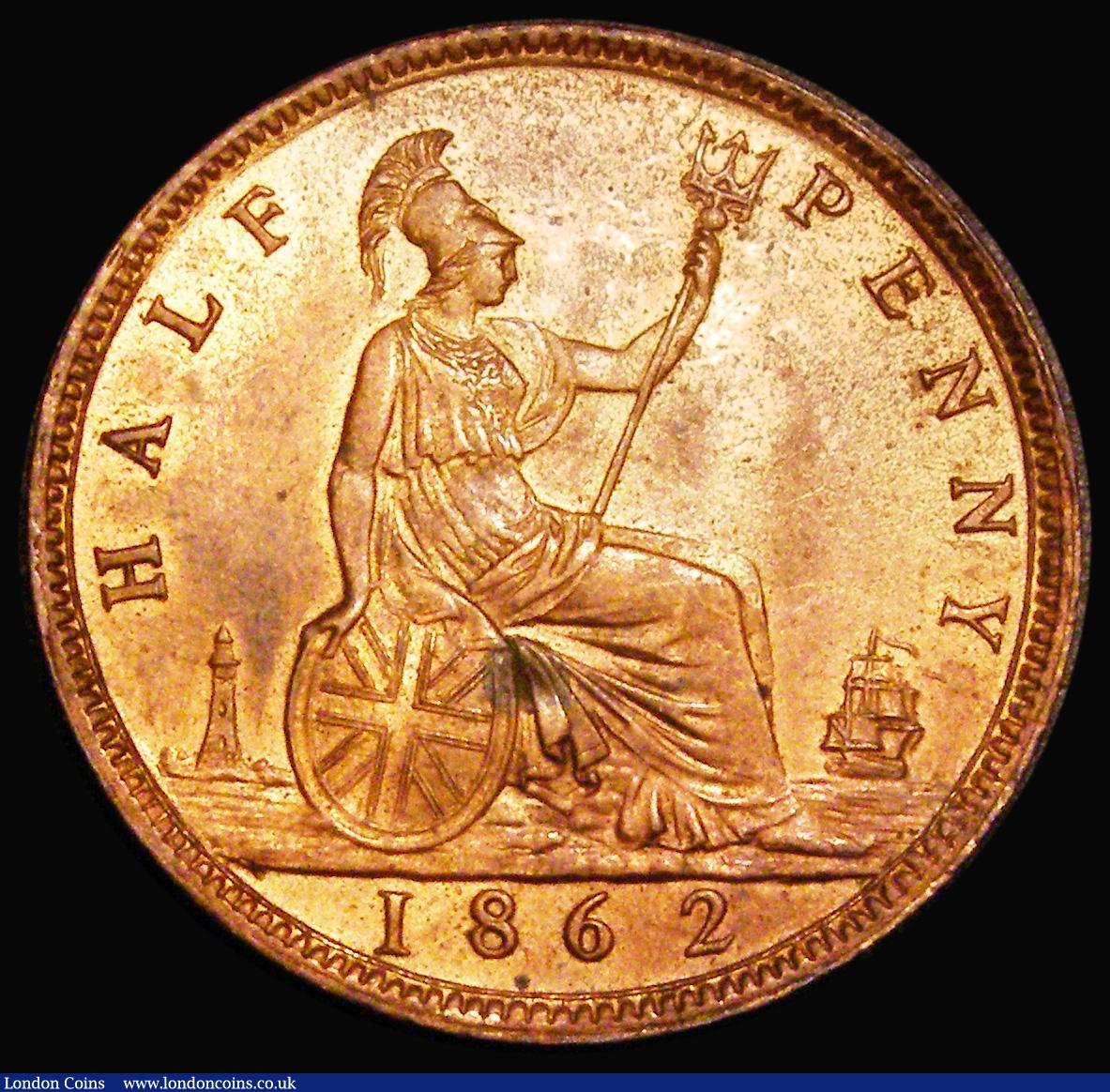London Coins : A182 : Lot 2719 : Halfpenny 1862 Freeman 289 dies 7+G Lustrous UNC with a few small spots and minor cabinet friction