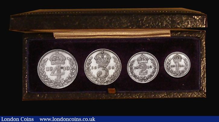 London Coins : A182 : Lot 2797 : Maundy Set 1910 ESC 2526, Bull 3616 EF lightly cleaned, the Fourpence with a tone spot on the revers...
