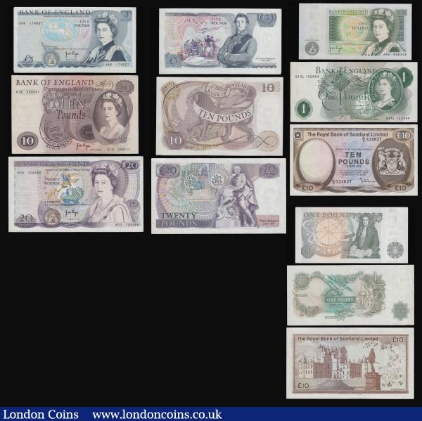 Twenty Pounds Page B329 issued 1970, replacement series M03 704466 VF, Ten Pounds Page 1971 B326 B18 prefix EF-AU, Five Pounds Page Wellington A86 174847 EF, 1 Pounds (3) Fforde (2) and Page Isaac Newton (1) EF-AU, 10 Shillings Hollom Y03 285930 GVF. Royal Bank of Scotland 10 Pounds 1 May 1975 EF along with two other Scottish 1 Pounds and 3 low denomination general world issues : English Banknotes : Auction 182 : Lot 83