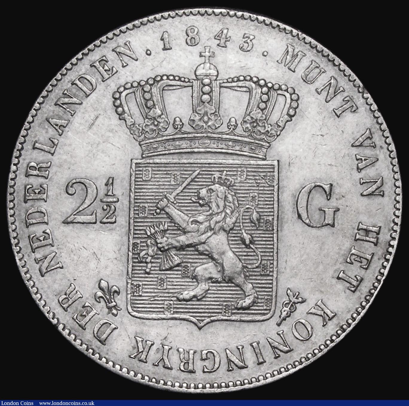London Coins : A183 : Lot 1069 : Netherlands 2 1/2 Gulden 1843 Privy Mark Fleur-de-lis KM#69.2 VF lightly cleaned with some contact m...