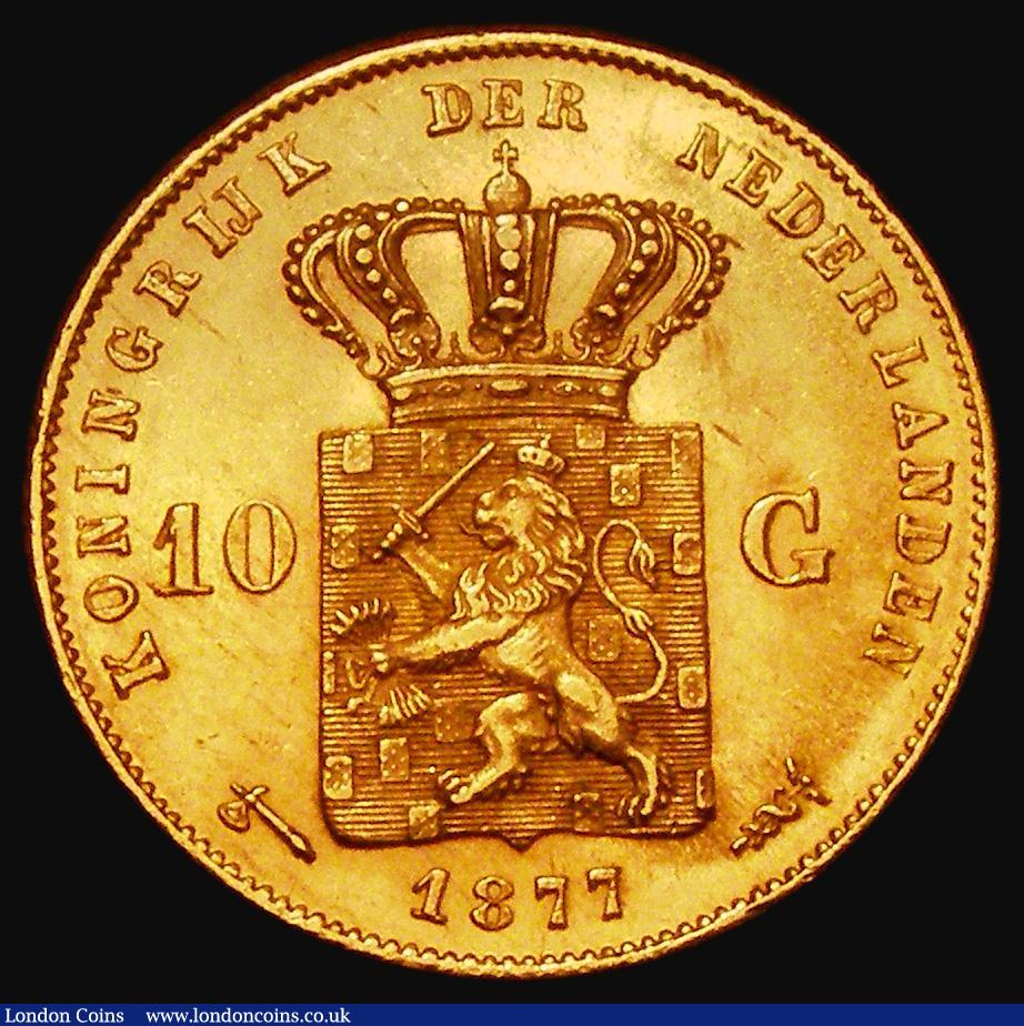 London Coins : A183 : Lot 1073 : Netherlands Ten Gulden Gold 1877 KM#106 EF and lustrous with some small rim nicks
