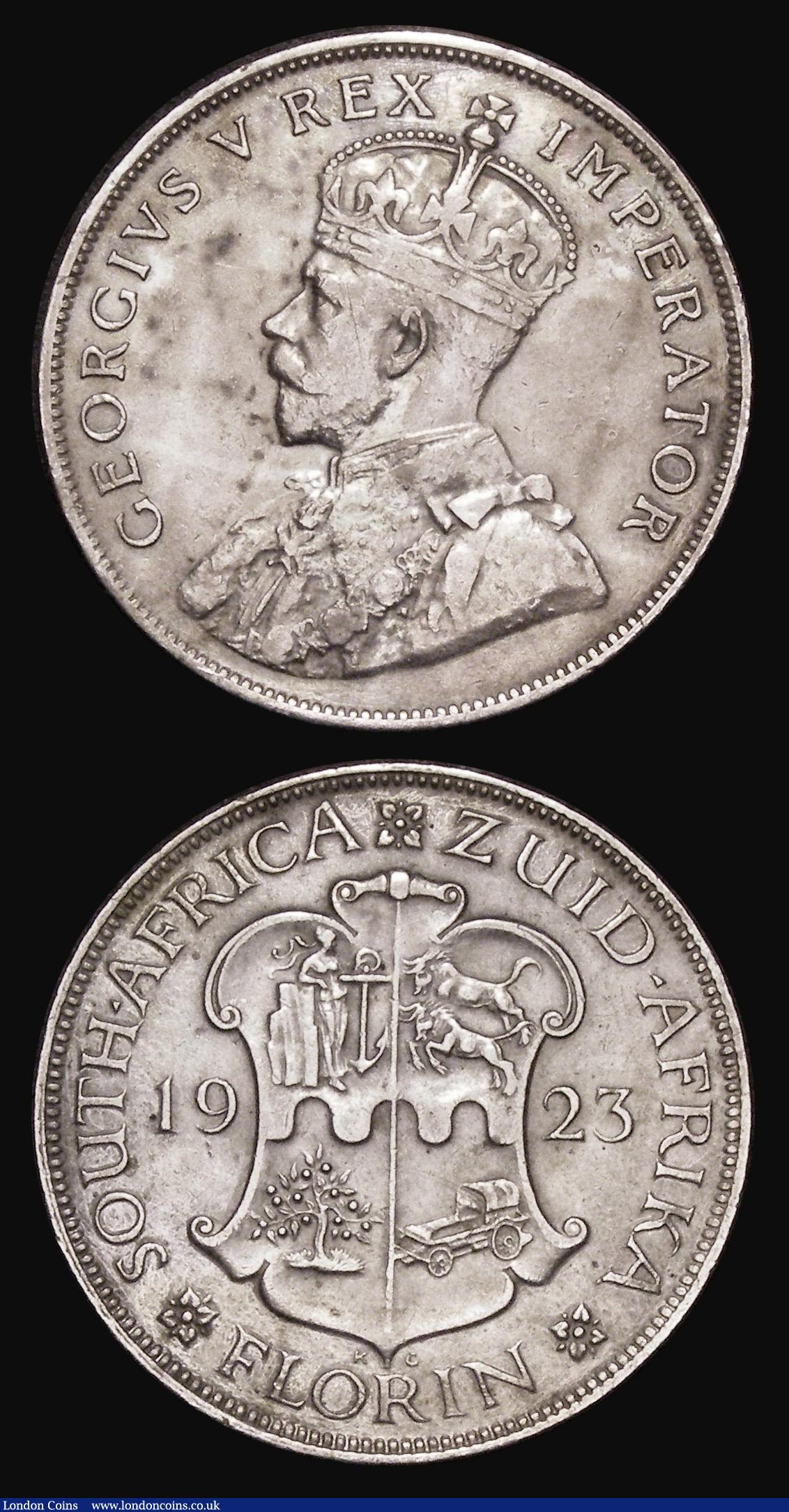 London Coins : A183 : Lot 1139 : South Africa Florins (2) 1923 KM#18 NVF cleaned and retoned with some scratches, 1924 KM#18 GVF/NEF ...