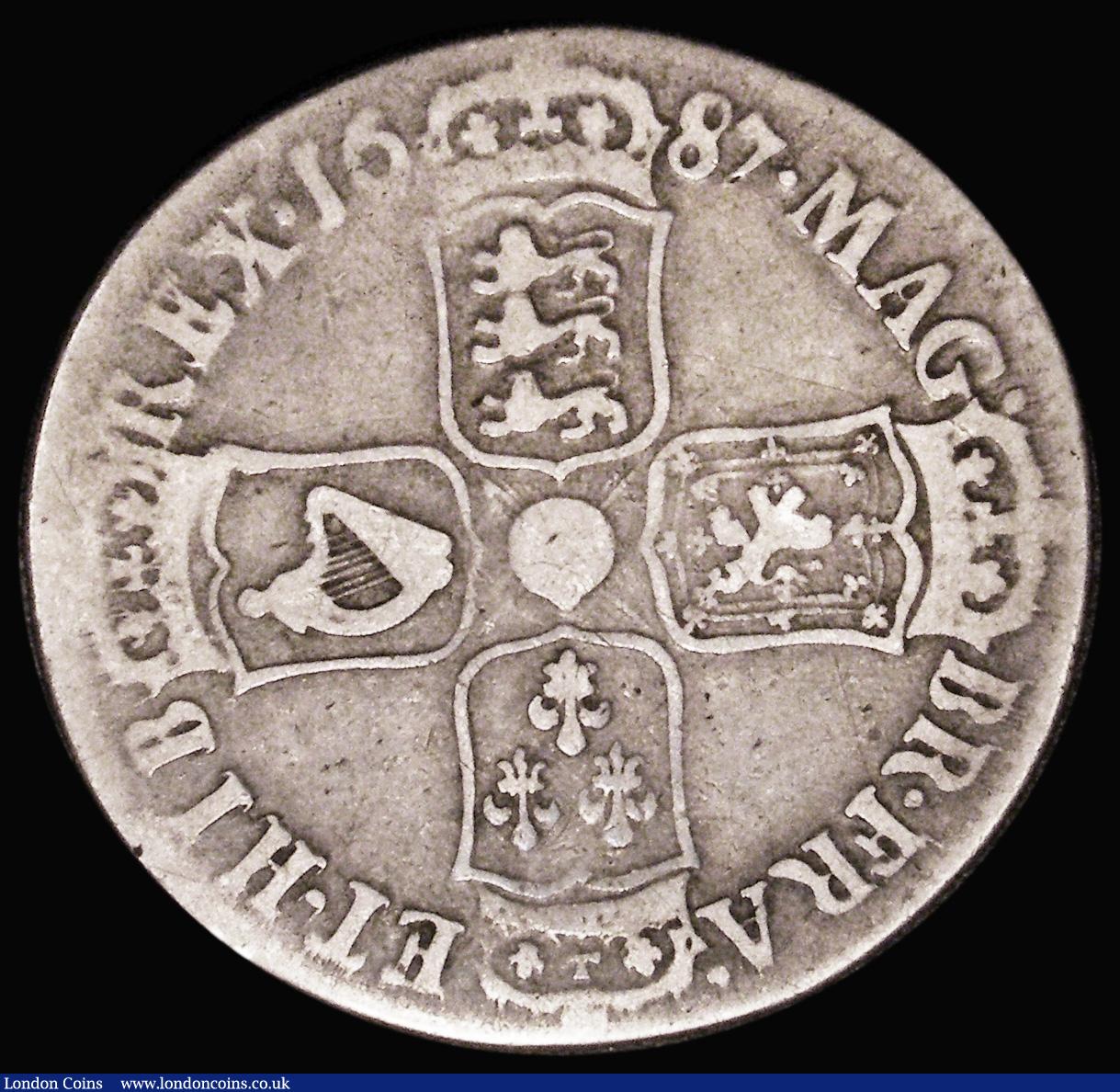 London Coins : A183 : Lot 1873 : Halfcrown 1687 TERTIO edge ESC 498, Bull 753 VG