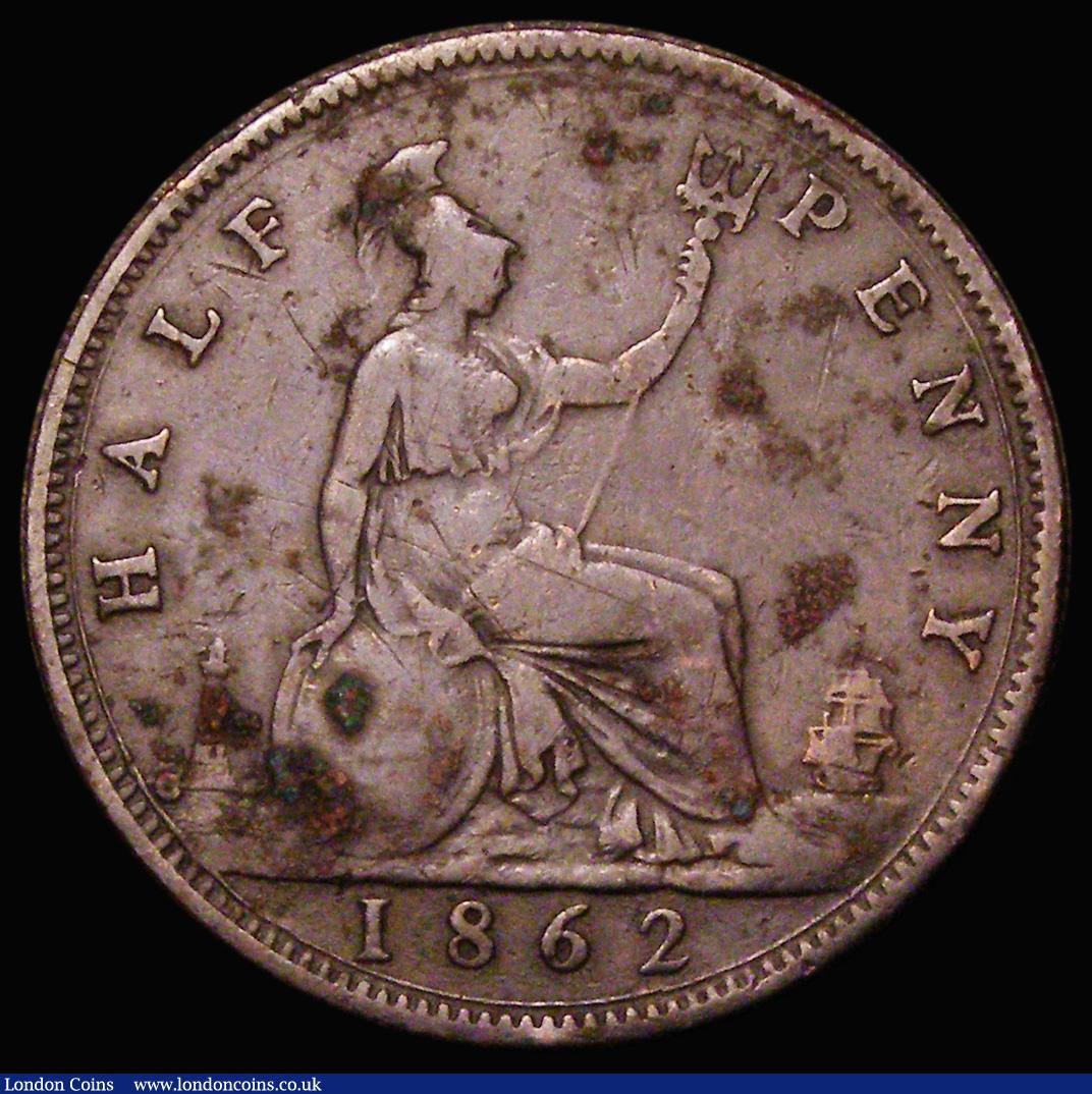 London Coins : A183 : Lot 1967 : Halfpenny 1862 Die Letter C, Freeman 288A, dies 7+F, VG, the reverse slightly better, with some verd...