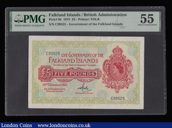 Falkland Islands £5 Pick9b, dated 30th January 1975 series C99525, portrait QE2 on right, About Uncirculated PMG 55 : World Banknotes : Auction 183 : Lot 88