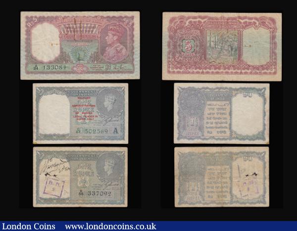 George VI issues India 10 Rupees Taylor Pick 19, Rupee Pick 25. Burma 5 Rupees Pick 5 and Military Administration Rupee Pick 25. Ceylon 2 Rupees 1st February 1941. from circulation generally VG-Fine : World Banknotes : Auction 183 : Lot 90