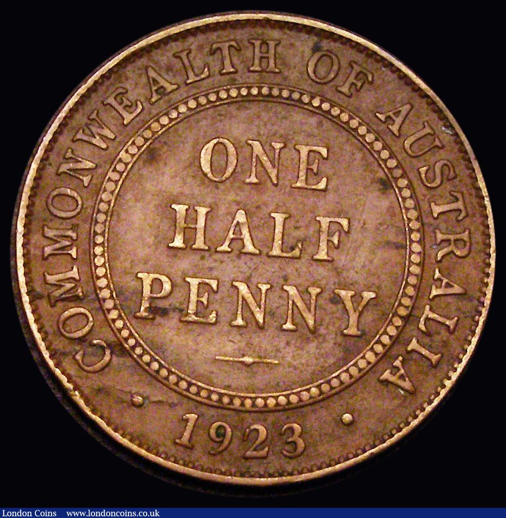 London Coins : A184 : Lot 1087 : Australia Halfpenny 1923 KM#22 Fine with some lamination flaws on either side, Very Rare, the key da...