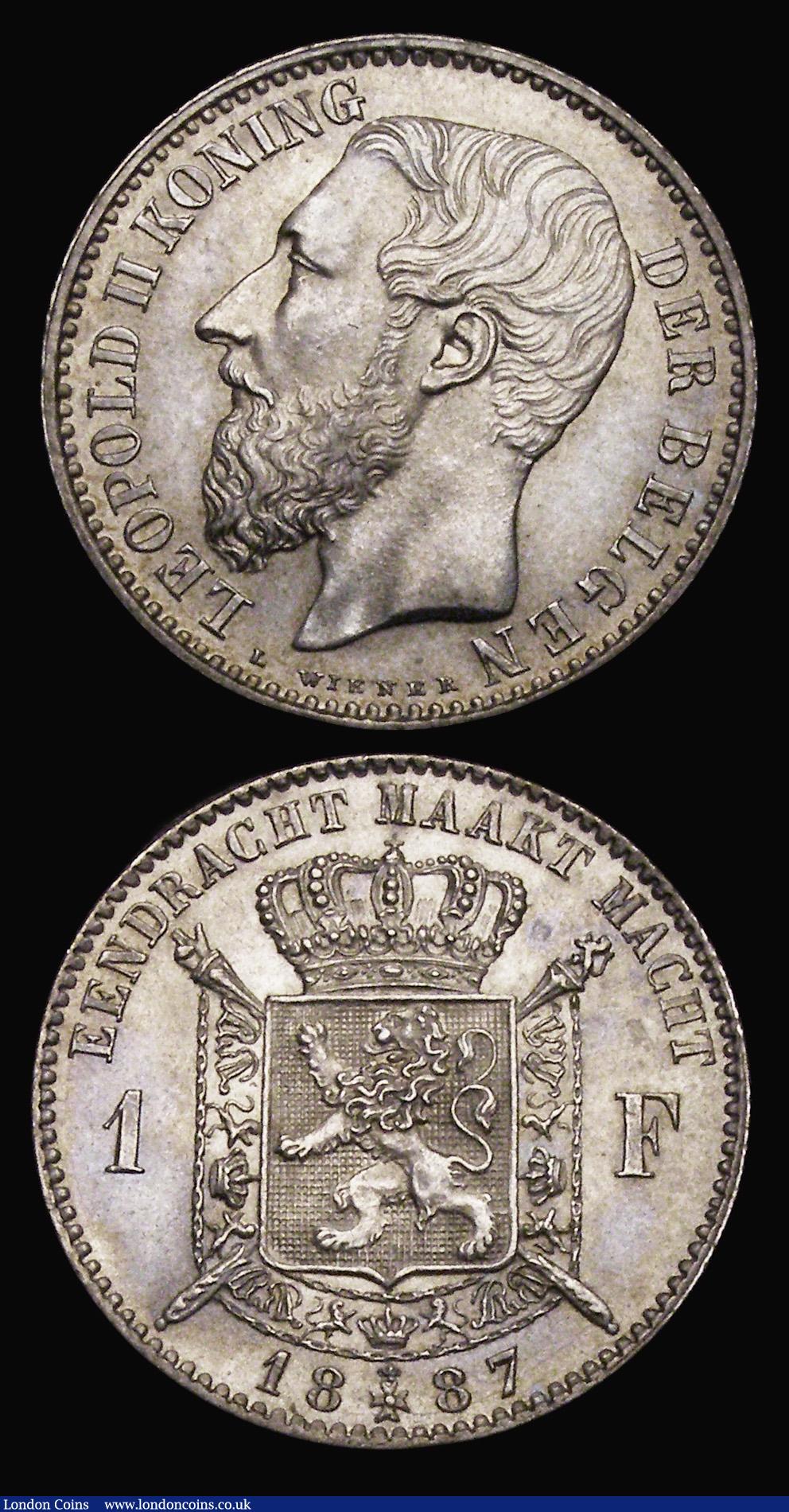 London Coins : A184 : Lot 1109 : Belgium 1 Franc (2) 1886 French Legend DES BELGES KM#28.2 EF, 1887 Dutch Legend DES BELGES KM#29.2 G...