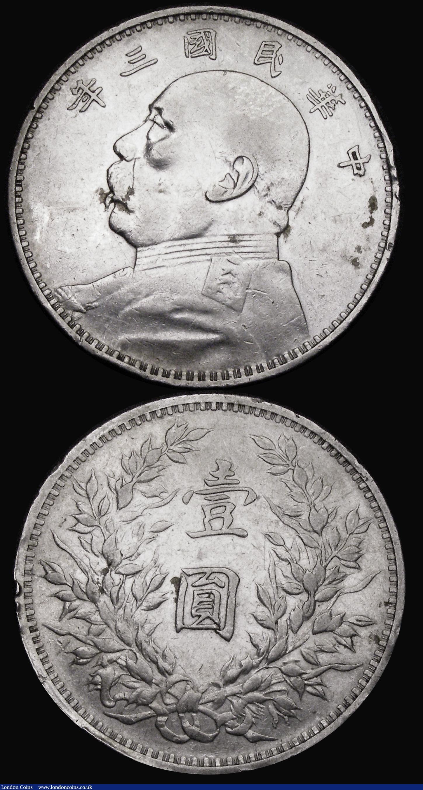 London Coins : A184 : Lot 1142 : China Republic Dollars (2) 1914 (Year 3) Y#329 Good Fine with some surface marks and edge nicks, Mem...