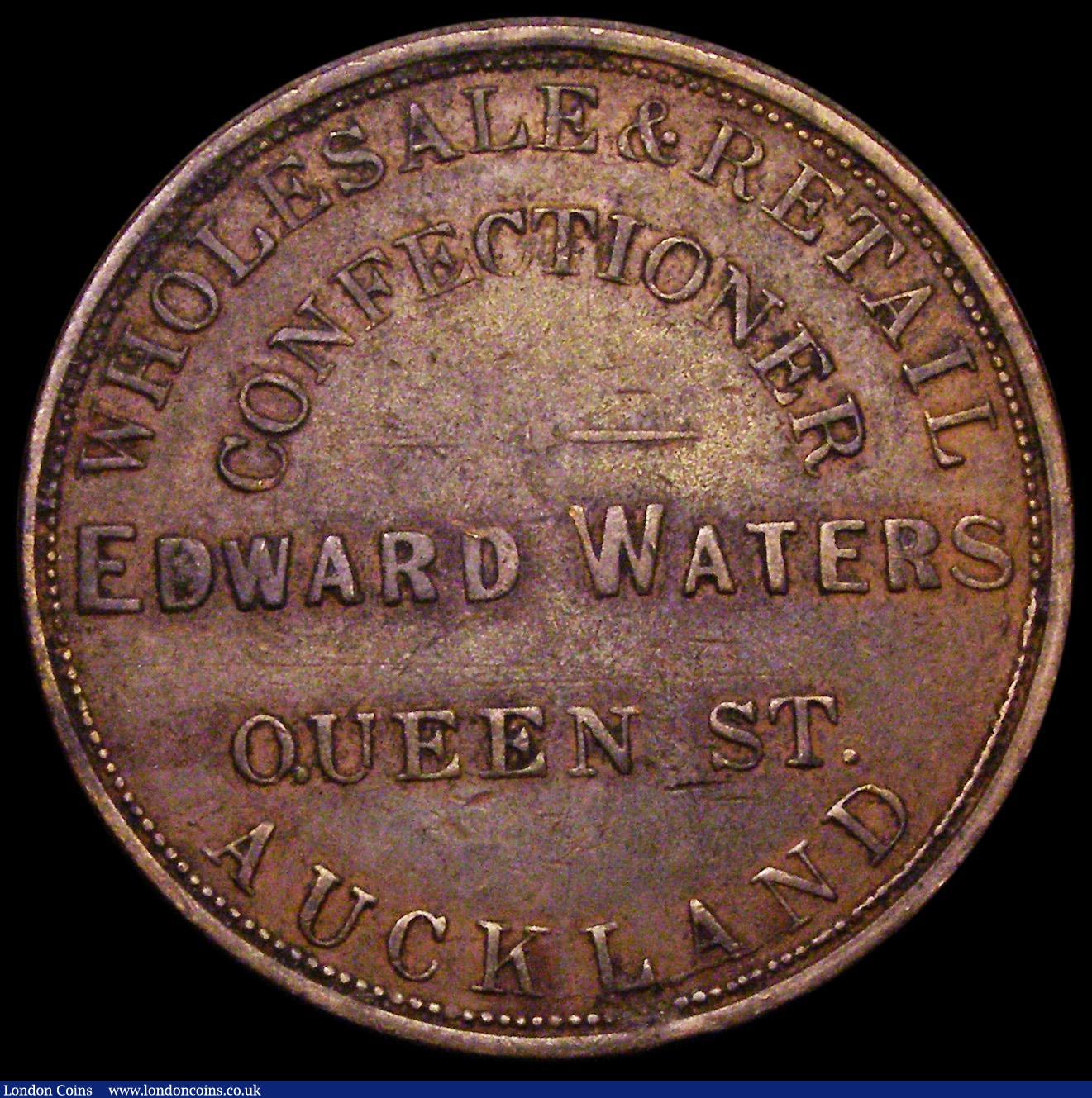 London Coins : A184 : Lot 1257 : New Zealand Penny Token undated (1873) Edward Waters, Confectioner, Queen Street, Auckland, KM#Tn70....