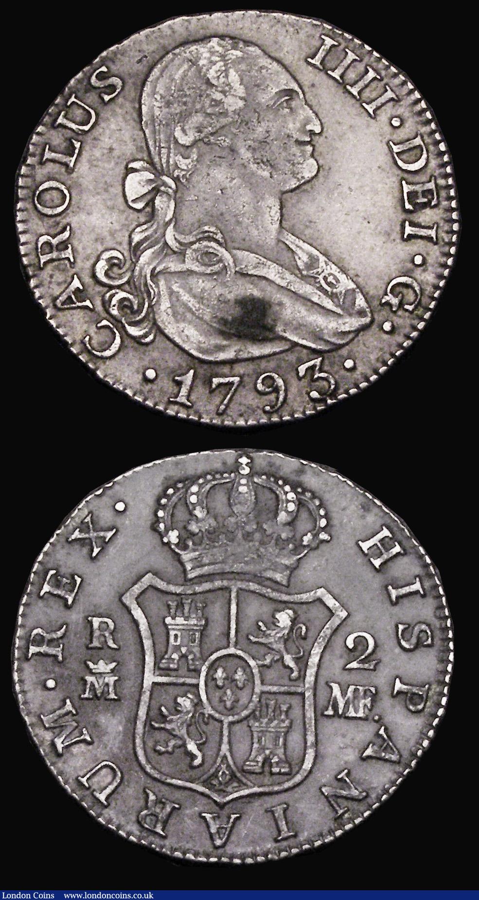 London Coins : A184 : Lot 1327 : Spain Two Reales (2) 1793 MF KM#430.1 VF with grey tone and a tone spot on the obverse, 1823 AJ KM#4...
