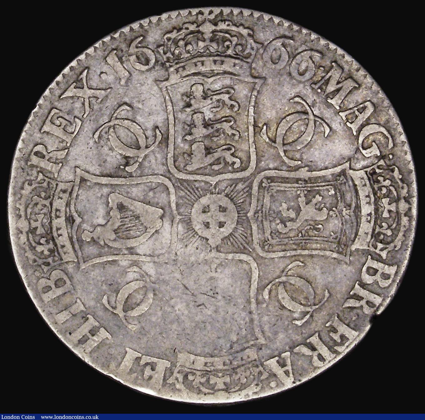 London Coins : A184 : Lot 1499 : Crown 1666 Elephant below bust, XVIII edge, ESC 33, Bull 368, Bold VG/Near Fine, weak on the French ...