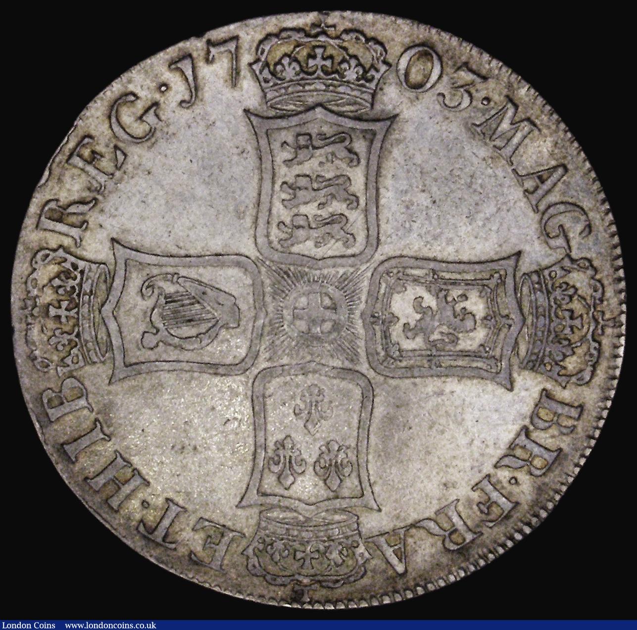 London Coins : A184 : Lot 1511 : Crown 1703 VIGO, ESC 99, Bull 1340 Good Fine with some haymarking and light adjustment lines