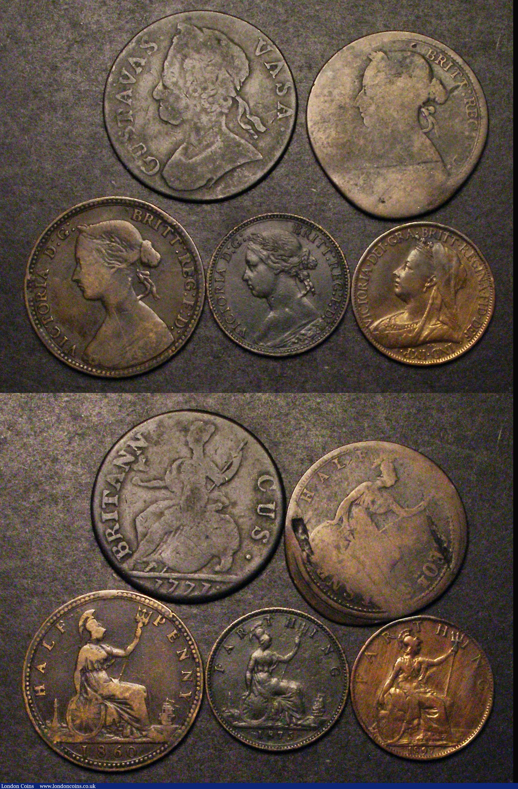 London Coins : A184 : Lot 2316 : Pennies to Farthings (10) Pennies (5) 1897 High Tide VG Rare, 1902 Low Tide VG, 1908 VG, 1912H Good ...