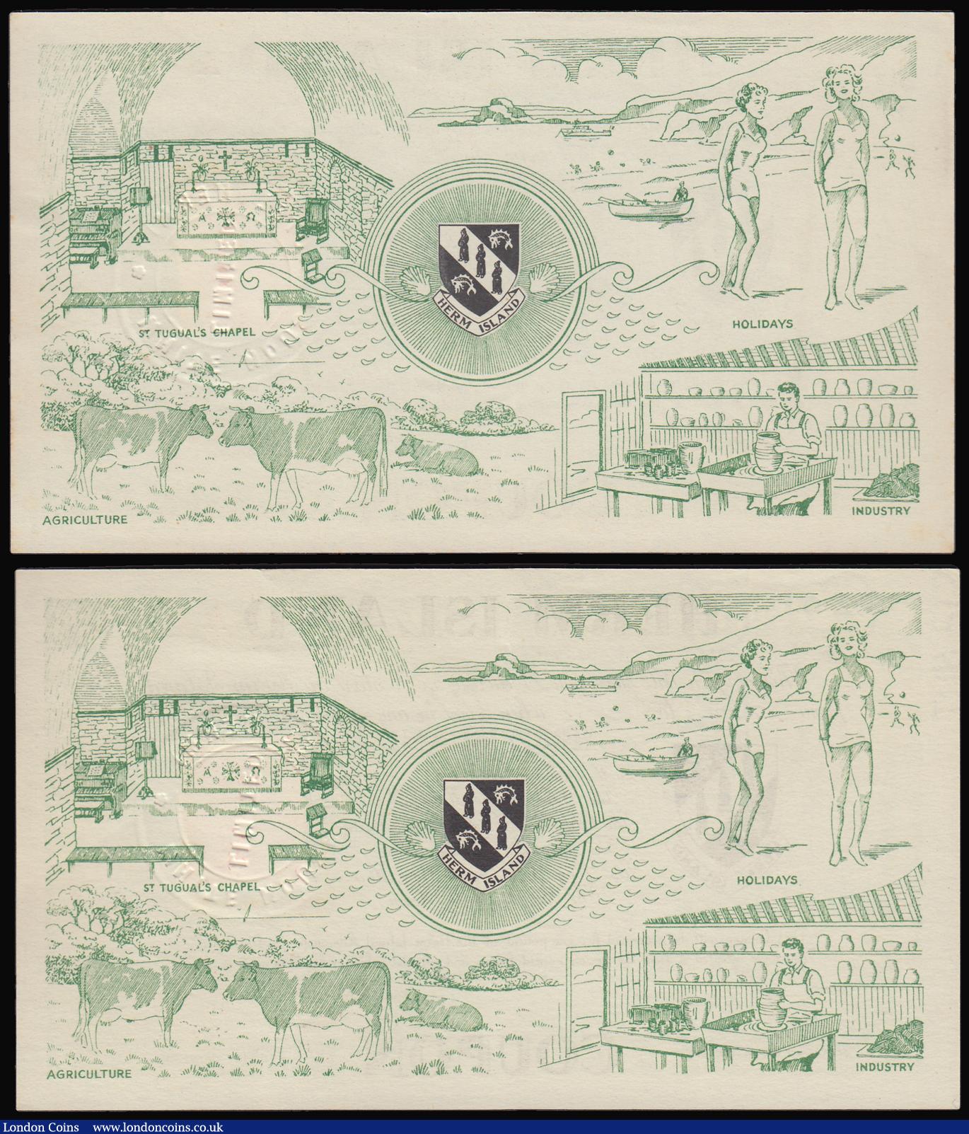 London Coins : A184 : Lot 243 : Herm Island Channel Islands 1 Pound dated 1958 series, six pence stamp at right, Uncirculated (2) se...