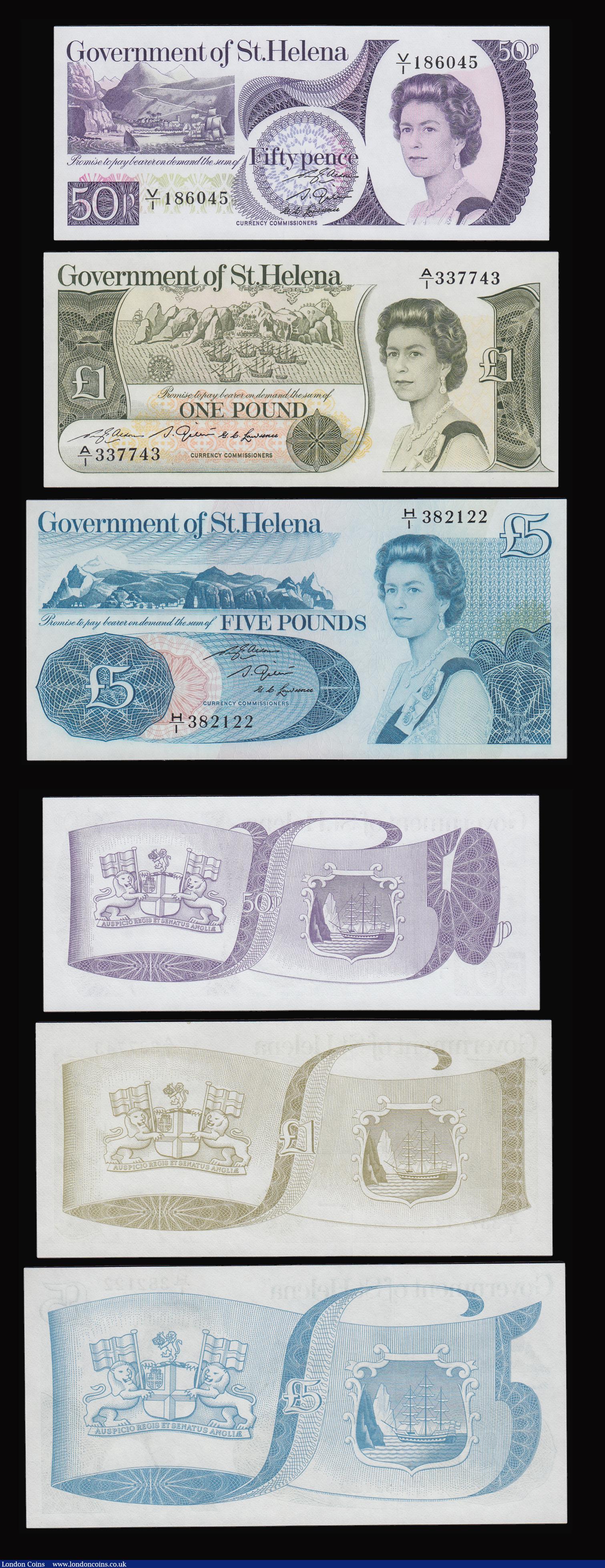 London Coins : A184 : Lot 335 : Saint Helena (5) 50p V/1 186045 Pick 5, &pound;1 A/1 337743 signature 2 (1981) Pick 9, &pound;5 (197...