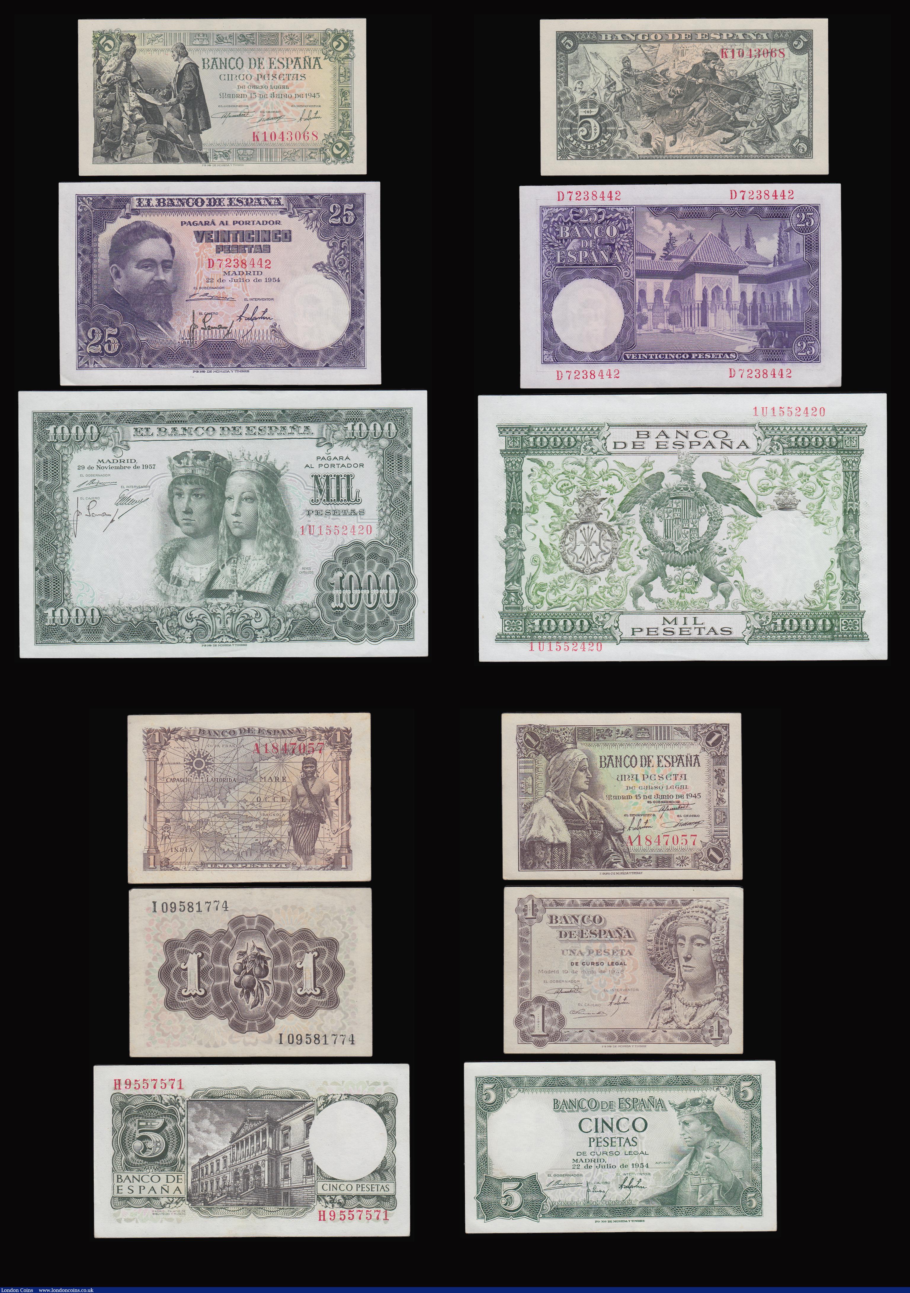 London Coins : A184 : Lot 373 : Spain in high grades 1 Peseta 1945 and 1948, 5 Pesetas 1945 and 1954, 25 Pesetas 22.7.1954, 500 Pese...