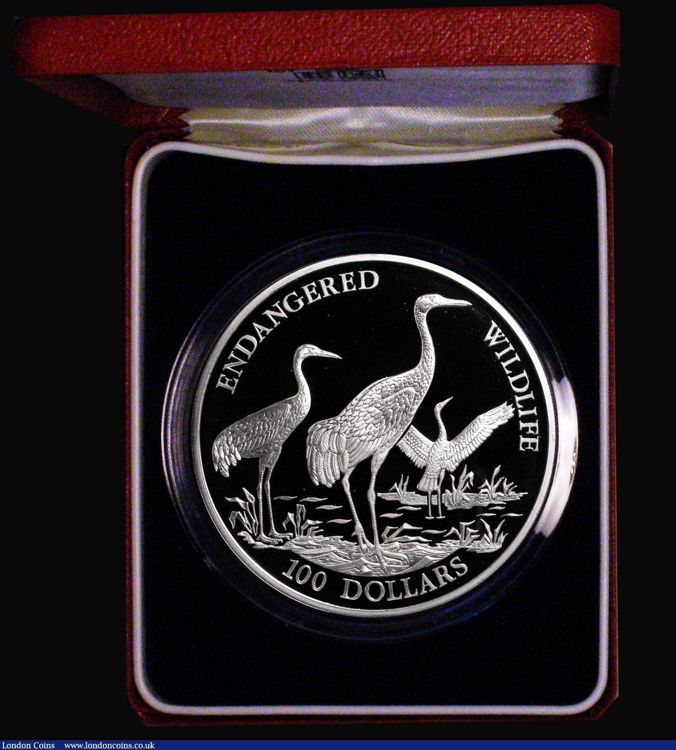 London Coins : A184 : Lot 724 : Cook Islands 100 Dollars 1993 Endangered Wildlife - Manchurian Cranes 5oz. Silver Proof KM#158 FDC i...