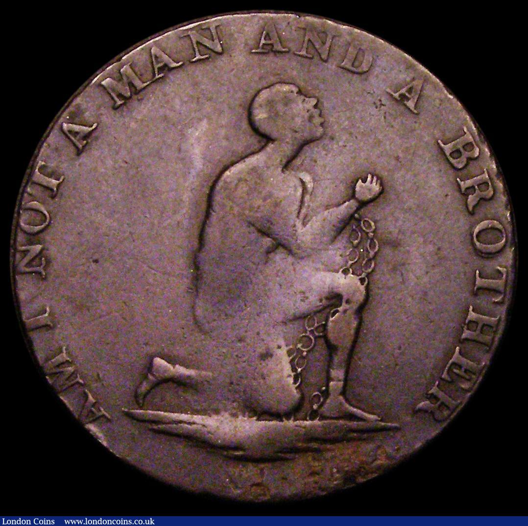 London Coins : A184 : Lot 833 : Slave Token Halfpenny 18th Century Middlesex undated Obverse: Kneeling slave with clasped hands, Rev...