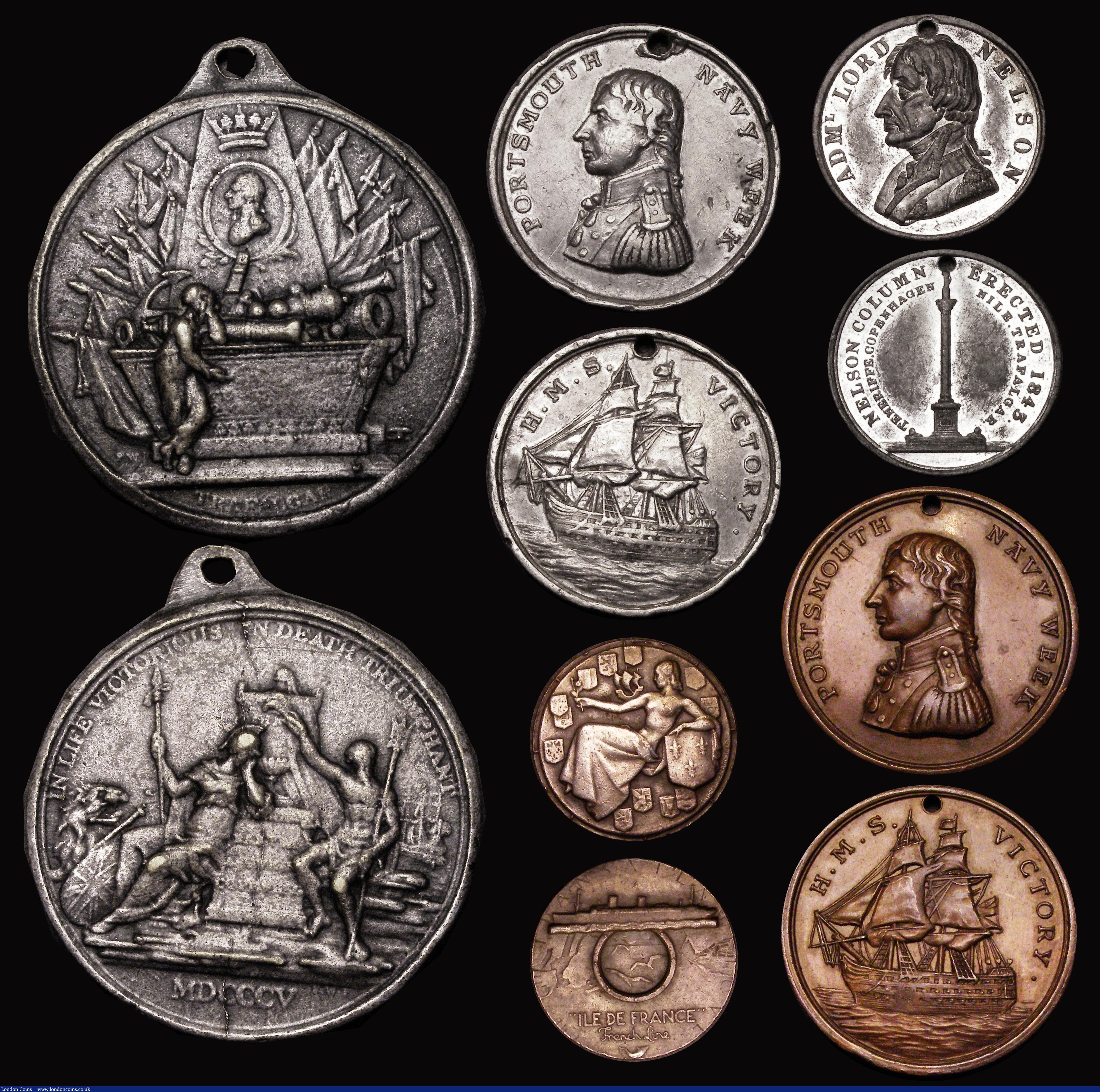 London Coins : A184 : Lot 851 : Medals (9) many with a Naval theme, comprising - Erection of Nelson's Column 1843 25mm diameter...