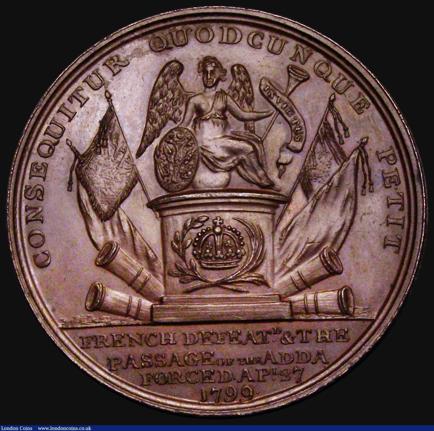 London Coins : A184 : Lot 917 : Russia, Field Marshal Count Suarov 1799, 38mm diameter in bronze, unsigned, Obverse: Facing Bust in ...