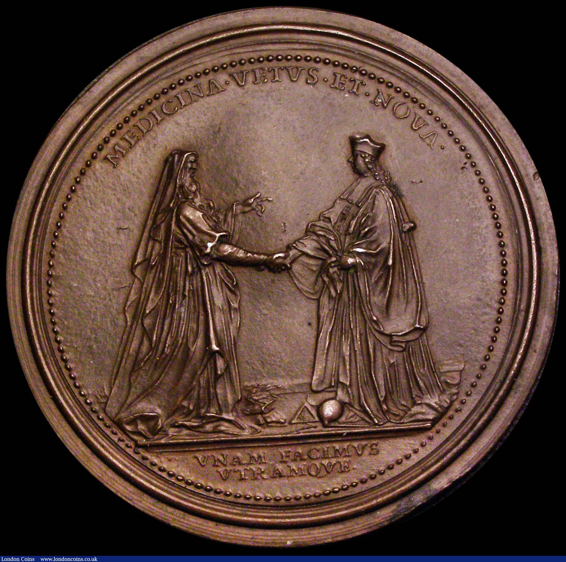 London Coins : A185 : Lot 1040 : Death of John Freind 1728 62mm diameter in copper by F. St.Urbain, Obverse: Bust left IOHANNES . FRI...