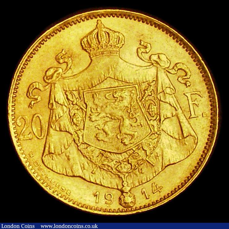 London Coins : A185 : Lot 1361 : Belgium 20 Francs Gold 1914 French Legend DES BELGES, Position A, KM#78, GEF and lustrous with some ...
