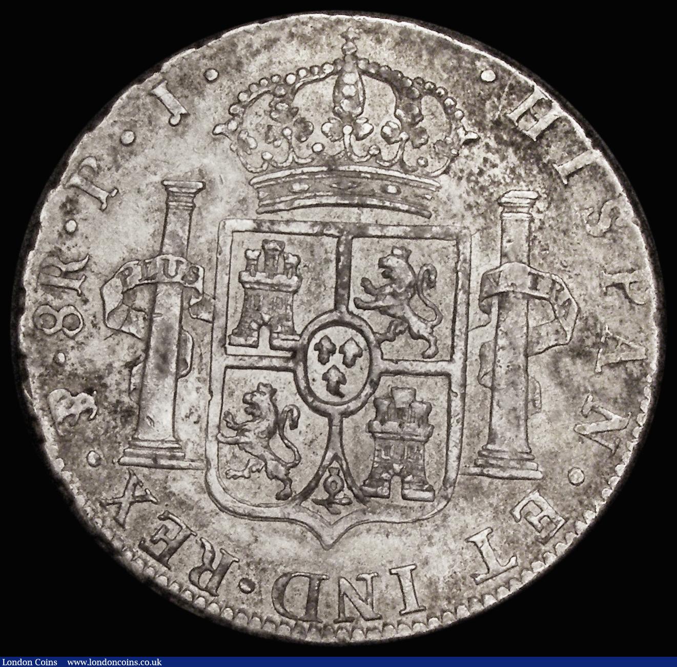 London Coins : A185 : Lot 1364 : Bolivia Eight Reales 1808 Charles III PTS PJ KM#73 Good Fine/NVF with some dirt in the obverse legen...